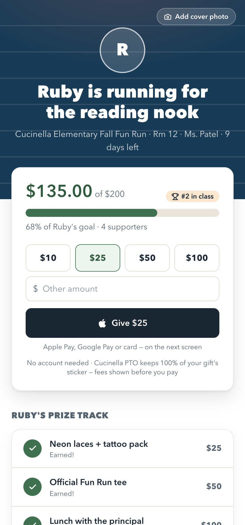 A student fundraising page in Homeroom